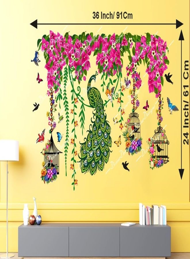 DivineDesigns ملصق حائط ذاتي اللصق من الفينيل PVC من DivineDesigns، بتصميم زهور وردية صيفية وقفص وطيور طاووس، لتزيين المنزل/غرفة المعيشة (متعدد الألوان) - Image 3